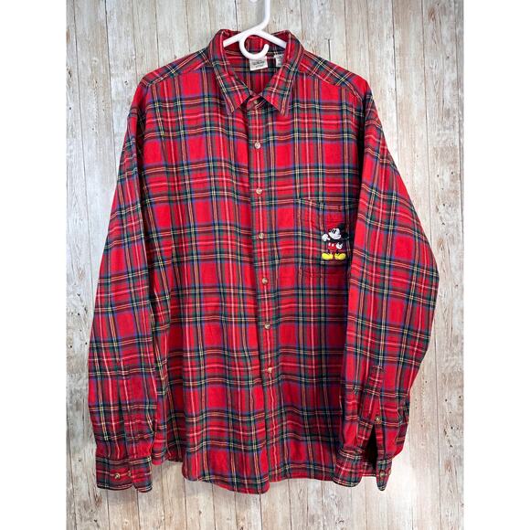 VTG 90s Disney Mickey Mouse Flannel Shirt Men XL Red Plaid Embroidered Button Up - Picture 1 of 10